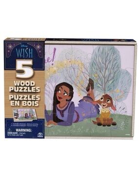 Disney “Wish” 5 Wood Jigsaw Puzzles with Storage Box (NWT)